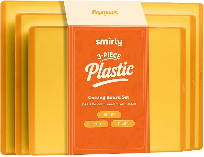 SMIRLY Plastic Cutting Board Set 3 Pieces, Non-Slip Dishwasher Safe Chopping Boards for Kitchen, Yellow-Ruum Studio Home