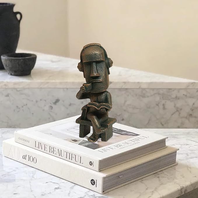 Moai Statue Decor - 6 Inch Easter Island Oranment Resin Stone Decoration for Room Accessories Antique Sculpture for Office Desktop (Read a Book)-Ruum Studio Home
