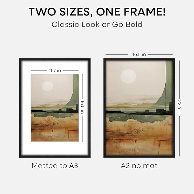Homeforia A2 Black Wood Frame, High End Oak 16.5 x 23.4 Black Wooden Poster Frames Matted to 11.7 by 16.5 in Photo, A2 Size Wood Picture Frame with Mat A3 for Print, Tempered Glass, Wall Kit, Set of 1-Ruum Studio Home