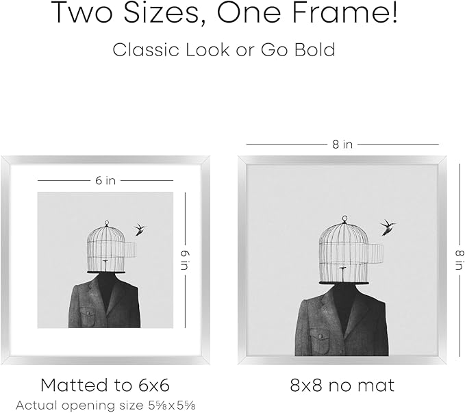 Homeforia 8x8 Silver Picture Frame, High End Metal 8 x 8 Square Frames with Mat 6 by 6 Photo, 8x8 Brass Frame Matted to 6x6 inch Print, 8by8 Wall or Tabletop Frames, Tempered Glass, Wall Kit, Set of 1-Ruum Studio Home
