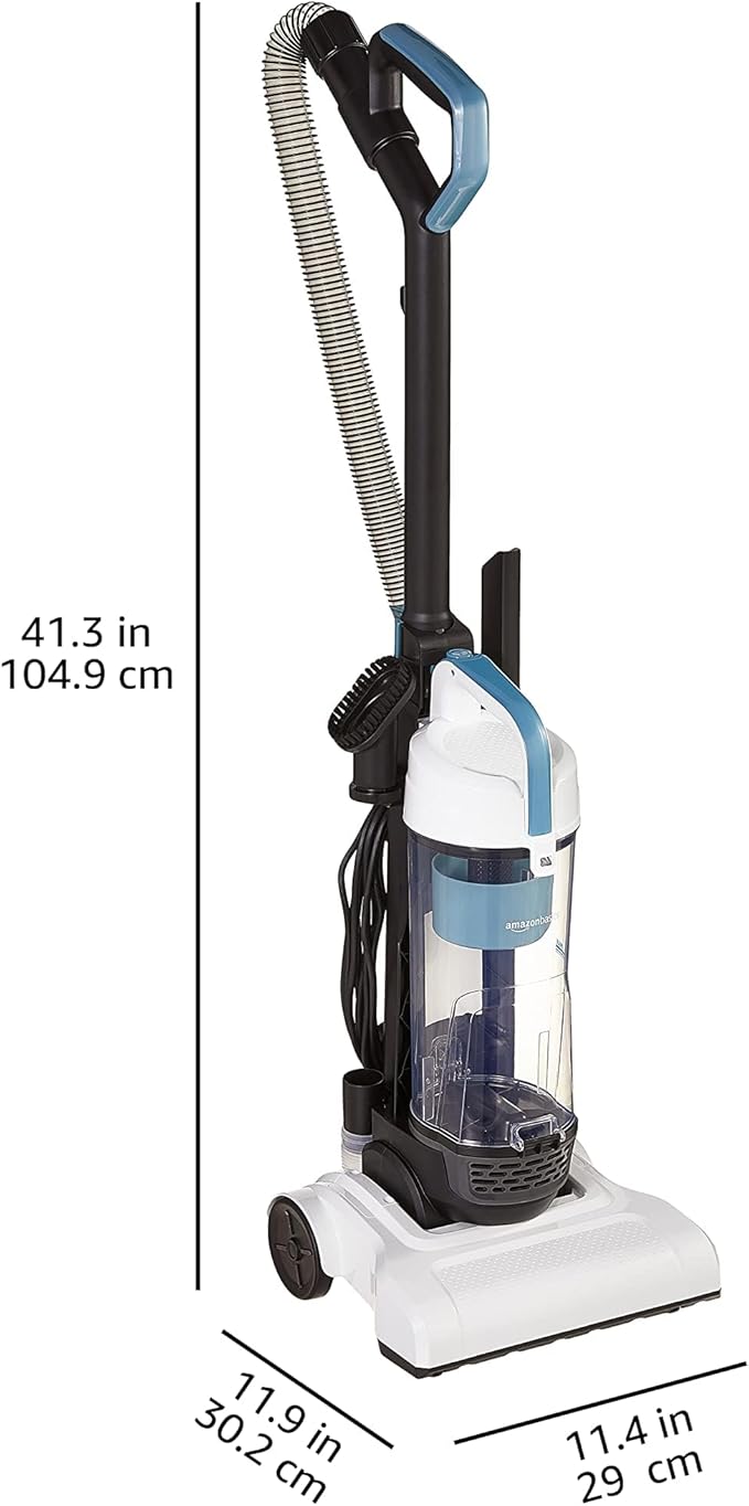 Amazon Basics Upright Bagless Vacuum Cleaner for Carpet and Hard Floors, With Crevice and Upholstery Tools, Detachable Handle, Lightweight (8.4 lbs), 1.7L Dust Cup, 720W, 25ft Cord, Black/White-Ruum Studio Home