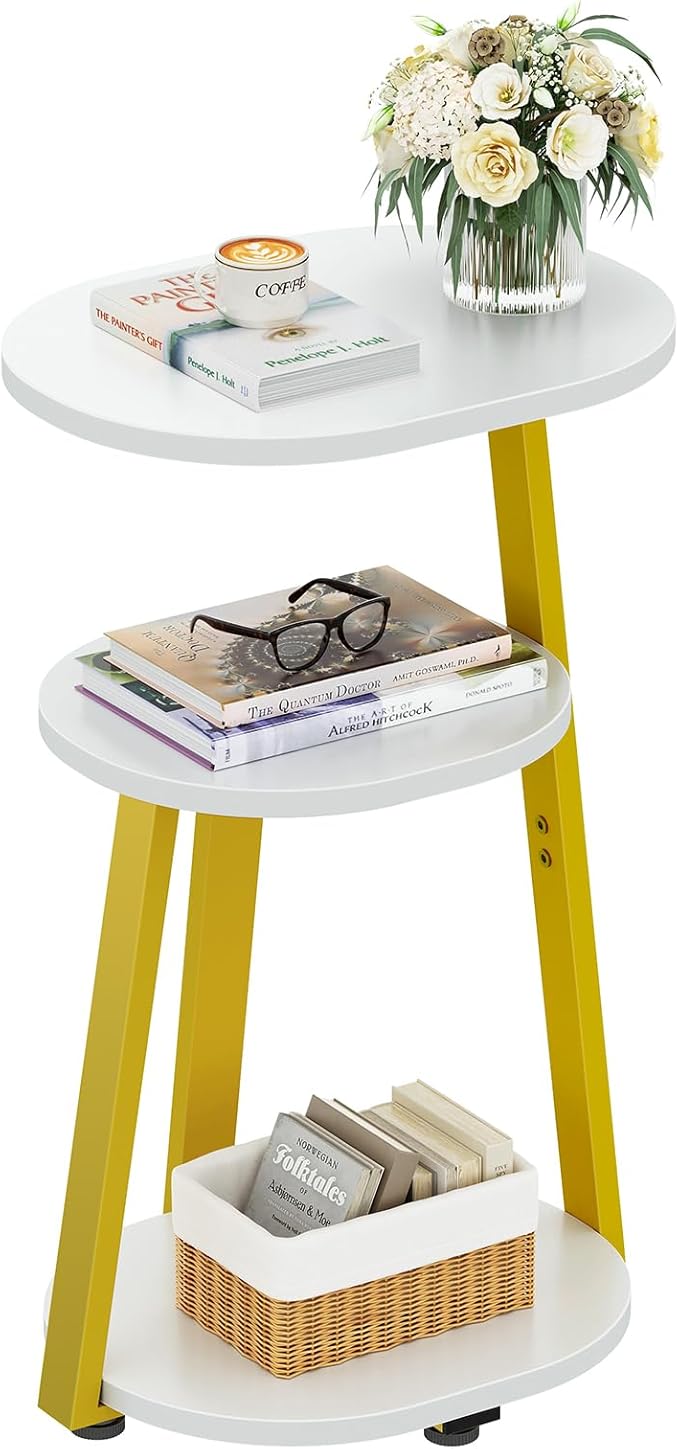 Side Table, Small End Table with Metal Frame, 3-Tier Bedside Tables, Round Side Tables for Living Room Bedroom Couch Bathroom, Oval, White-Ruum Studio Home