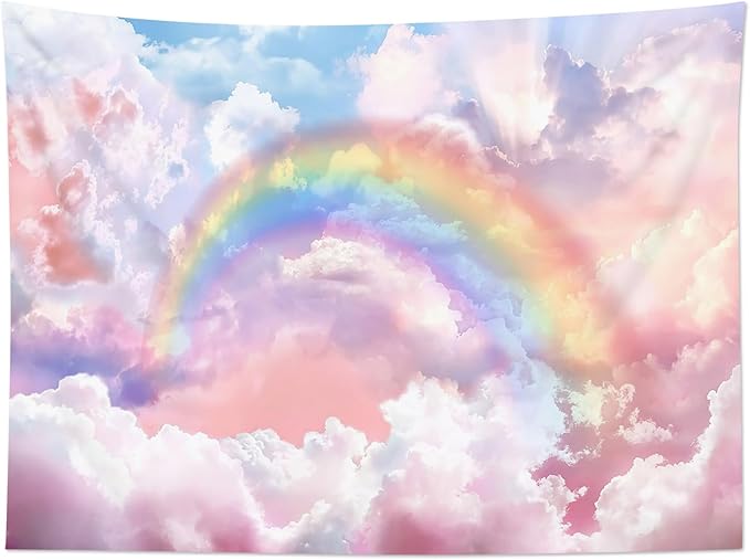 HVEST Rainbow Cloud Tapestry Wall Hanging, Rainbow and Pink Cloud with Glow Sunshine in Pastel Sky Tapestry, Aesthetic Nature Landscape Tapestry for Living Room Bedroom Aesthetic Decor, 36L x 48W Inches-Ruum Studio Home