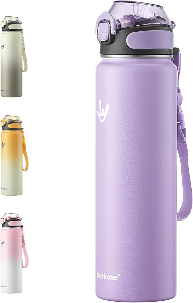 Enerbone 32 oz Insulated Water Bottle, Stainless Steel Bottle with Carrying Strap, Double-Wall Vacuum Insulation Design, Leakproof Sports Bottle with Straw, Keep Drinks Cold or Hot for Hours-Ruum Studio Home