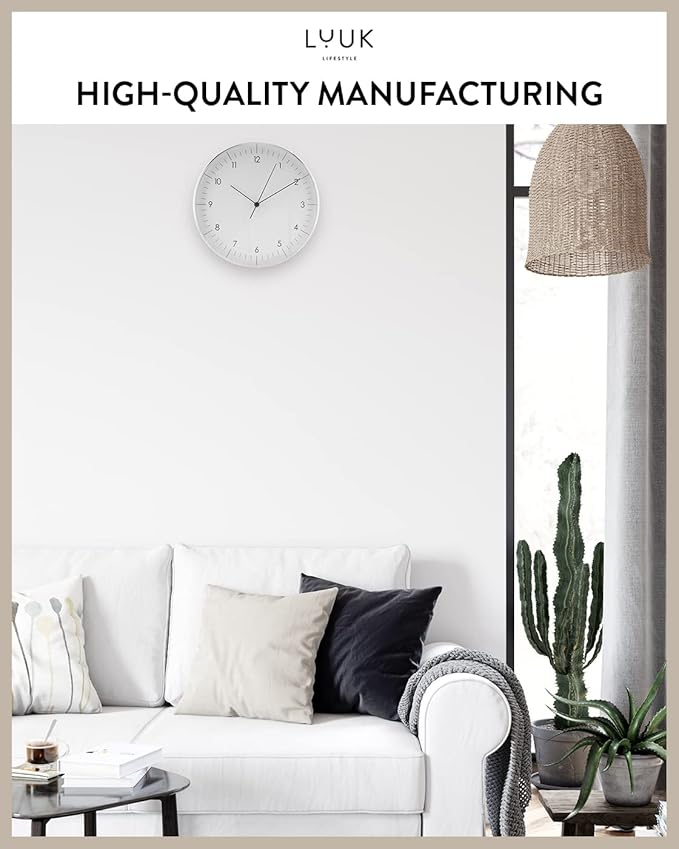 LUUK LIFESTYLE Modern Wall Clock Without Ticking, Pure Minimalist Design, legible Digits, Home Decor for Living Room, Office, in White and Silver-Ruum Studio Home