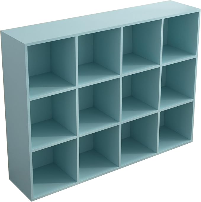 12-Cube Storage Shelf Bookcase - Wooden 3-Tier Floor Standing Open Bookshelf for Home and Office, Display Cabinet, Light Blue-Ruum Studio Home