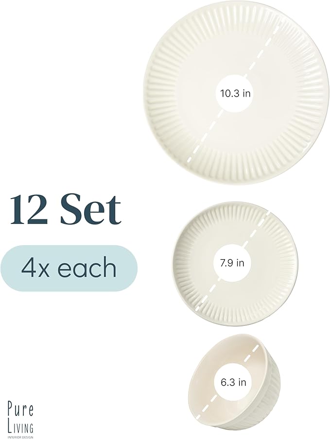 Stoneware Dinnerware Set for 4 People HYGGE 12-Piece - Elegant Scandi Design - Premium Dish Set - Bowl and Plate Set - Tableware for 4 People in a Ribbed Design - Pure Living in Beige-Ruum Studio Home