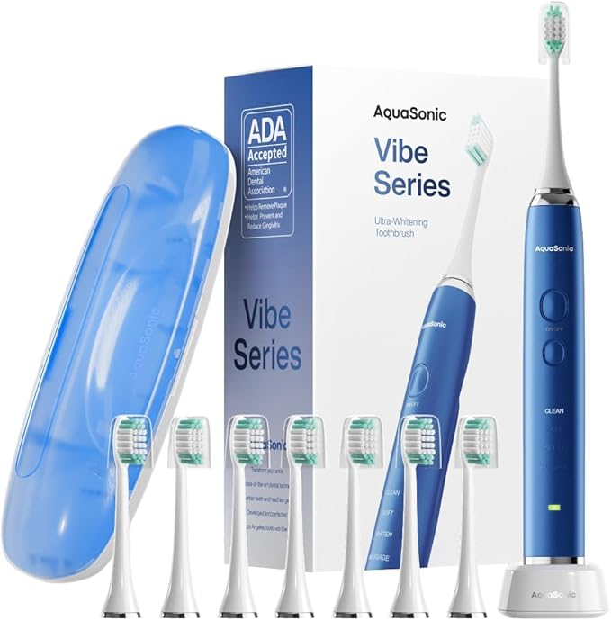Aquasonic Vibe Series Ultra-Whitening Toothbrush – ADA Accepted Electric Toothbrush - 8 Brush Heads & Travel Case – 40,000 VPM Motor & Wireless Charging - 4 Modes w Smart Timer – Sapphire Blue-Ruum Studio Home