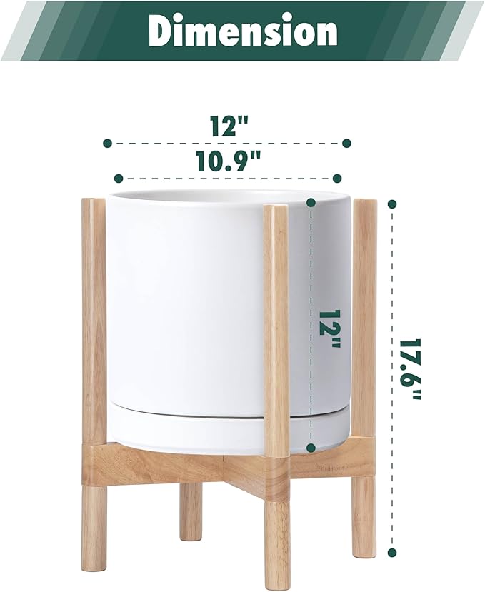 D'vine Dev Ceramic Planter with Natural Stand - 12 Inch Modern Round Flower Pot with Wood Planter Holder, White, 55-B-J-1-Ruum Studio Home