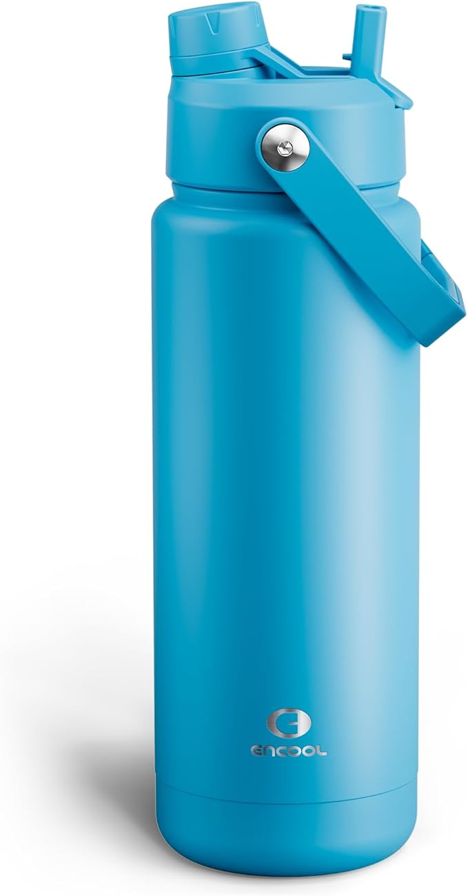 Insulated Water Bottle with Straw - Encool Stainless Steel Water Bottle, Leak-Proof, BPA-Free, Double Wall Vacuum Keeps Cold for 24 Hours for Sports, Travel, School (32 oz, Azure Blue)-Ruum Studio Home