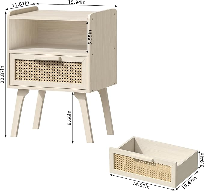 Lerliuo Rattan Nightstand, Side Table with Drawer Open Shelf, Cane Accent Bedside End Table with Solid Wood Legs, Mid Century Modern Night Stand for Bedroom, Dorm and Small Spaces (Grey White)-Ruum Studio Home