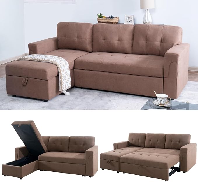 Naomi Home Transform Any Space: Sleeper Sectional Sofa with Convertible Sofa Bed & Inviting Chaise. Find Tranquil Comfort with Stress-Relieving Design & Durable Cushions - Mocha/Velvet-Ruum Studio Home
