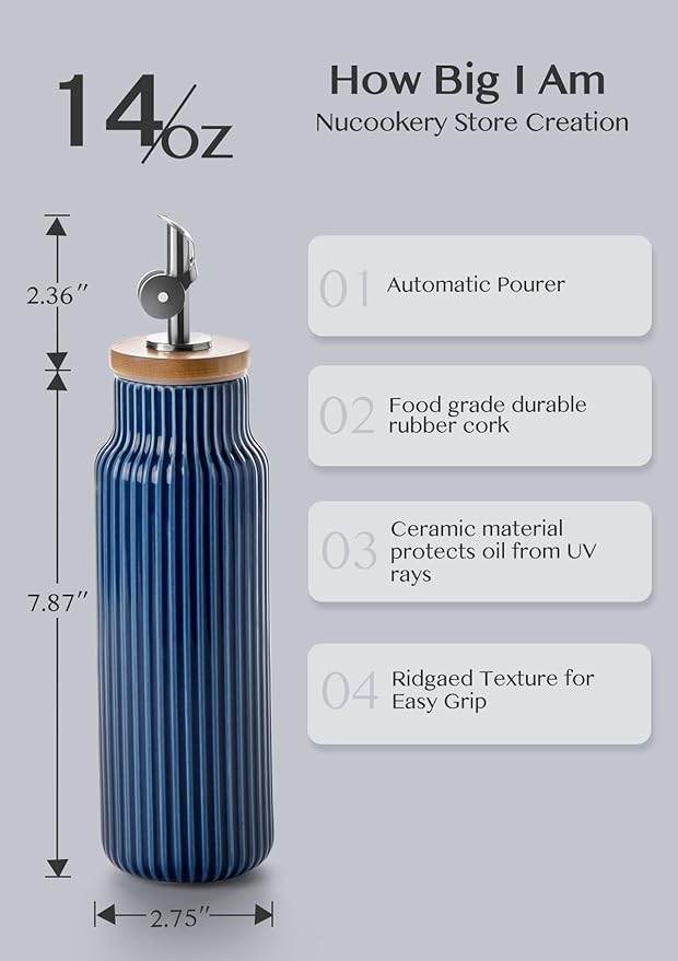 Nucookery Ceramic Olive Oil Dispenser Bottle for Kitchen, 14 oz Opaque Vinegar Dispenser Bottle, Large Capacity Cooking Oil Container for Storage Vinegar, Soy Sauce, Coffee Syrup, Blue-Ruum Studio Home