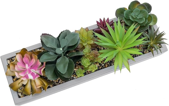 MyGift 15 Inch Mixed Color Assorted Artificial Succulent Plant Arrangement in Modern Gray Clay Planter Tray-Ruum Studio Home