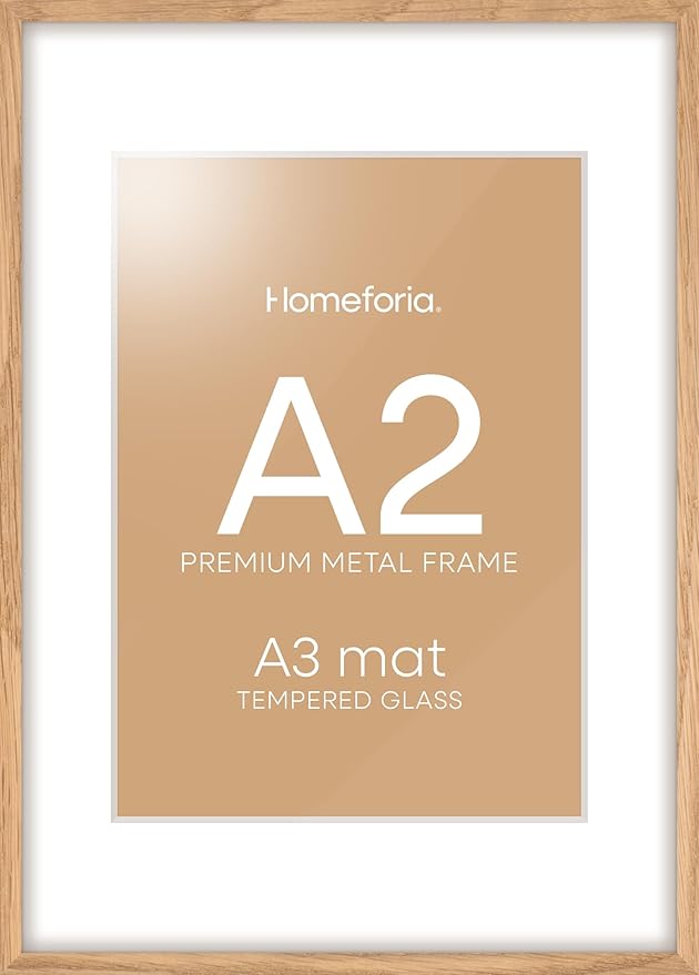Homeforia A2 Picture Frame Natural Wood, High End Oak 16.5 x 23.4 Wooden Poster Frames Matted to 11.7 by 16.5 Photo, A2 Size Light Wood Frames with Mat A3 for Print, Tempered Glass, Wall Kit, Set of 1-Ruum Studio Home