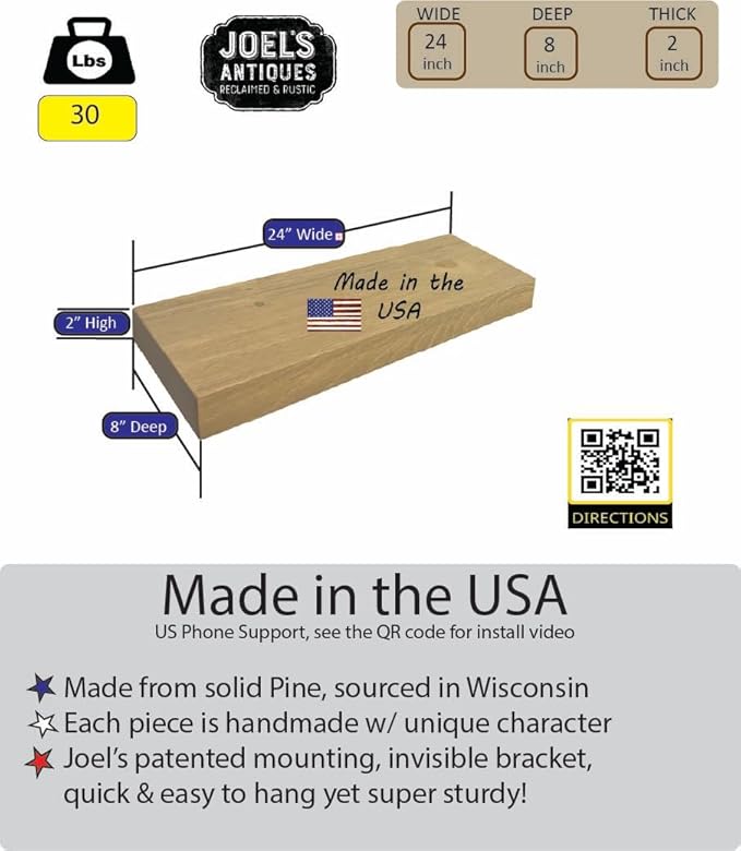 joelsantiques 24 Inch Wooden Floating Shelves for Wall - 24x8x2 in - Made of Natural Wood - Short Heavy Duty Rustic Wall Shelves for Bedroom - Perfect for Living Room, Kitchen - Beige-Ruum Studio Home