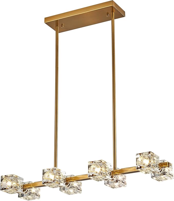 Dining Room Light Fixture,Gold Modern Crystal Chandelier Rectangular Pendant Light with 8 Light Farmhouse Chandeliers for Kitchen Island Dining Room Living Room Bedroom-Ruum Studio Home