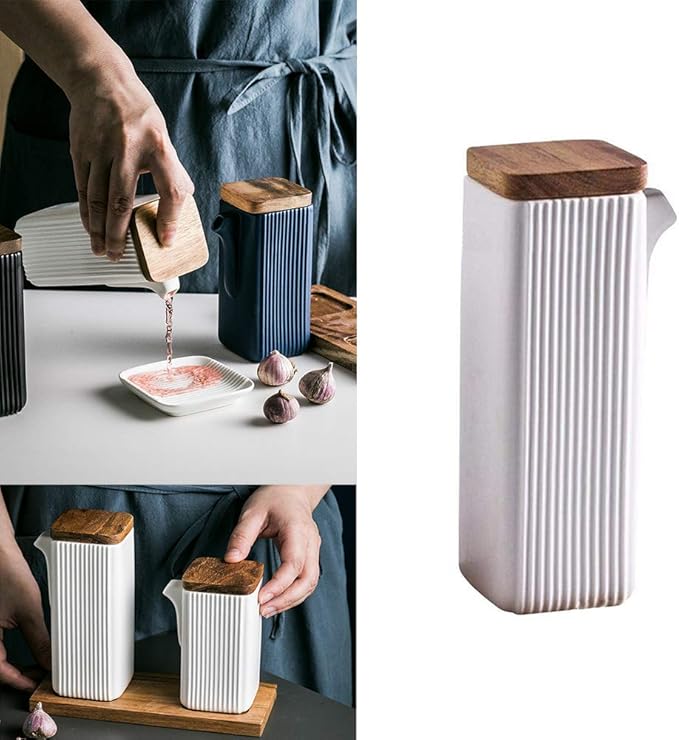 Ceramic Tabletop Liquid Condiment Dispenser, Modern Design for Oil or Vinegar, White-Ruum Studio Home