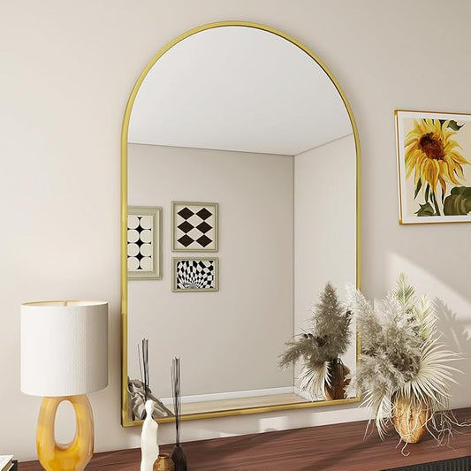 BEAUTYPEAK Wall Mounted Mirror, 26 inch x38 inch Arch Bathroom Mirror, Gold Vanity Wall Mirror w/ Metal Frame for Bedroom, Entryway, Living Room-Ruum Studio Home