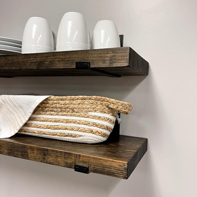 Rustic Shelves with J-Brackets Set of 2, Industrial Shelf, Kitchen Shelves, Solid Wood, Decorative Wall Storage, Heavy Duty, URBANDI (Dark Brown, 12Wx12D)-Ruum Studio Home
