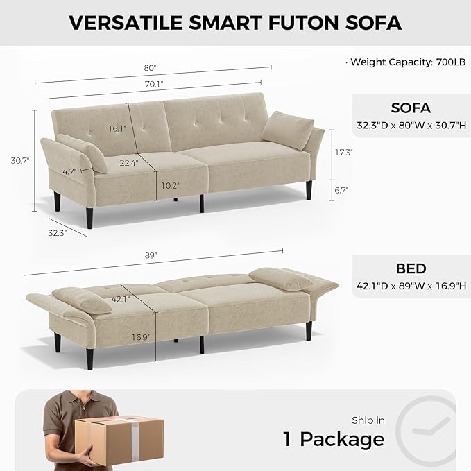 89” Futon Sofa Bed, Velvet Fabric Comfy Futon Couch Bed with 2 Square Pillows, Convertible Sleeper Sofa with Adjustable Backrest& Armrests, Modern Loveseat Sleeper for Living Room, Beige-Ruum Studio Home