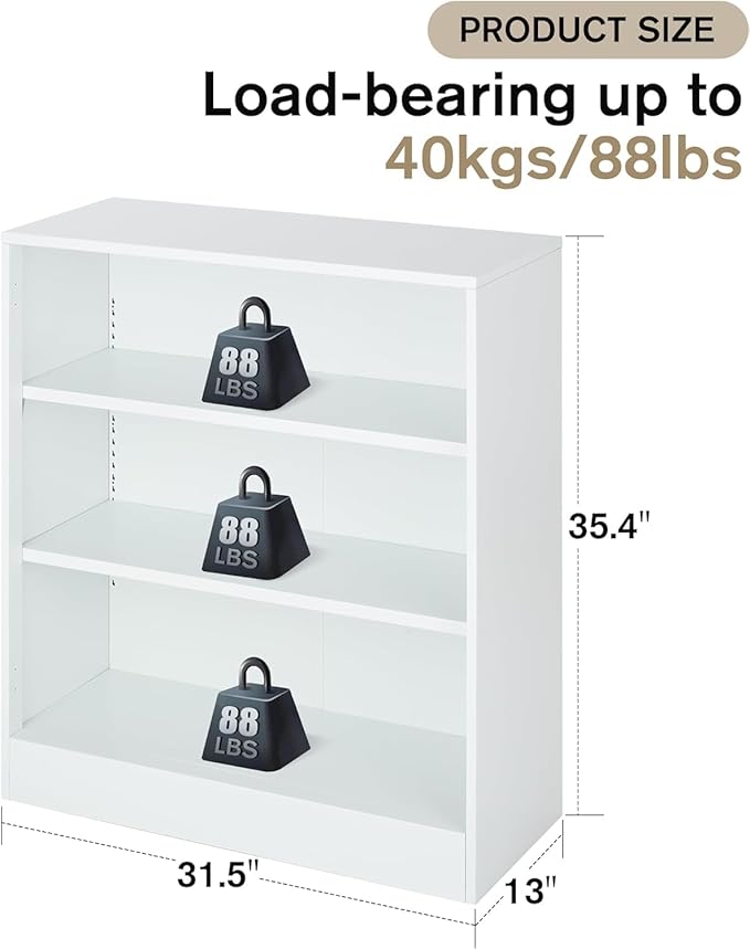 3-Tier Bookshelf with Adjustable Shelves, White Metal Space Saving Storage Shelf Bookcase, Small Open Storage Shelf for Living Room, Home Office, Dinning Room, Pantry (White-36H)-Ruum Studio Home