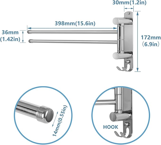 Wall Mounted Towel Rack JSVER 2 Arms Extended Swivel Towel Holder, SUS304 Stainless Steel Towel Racks for Bathroom, Kitchen-Ruum Studio Home