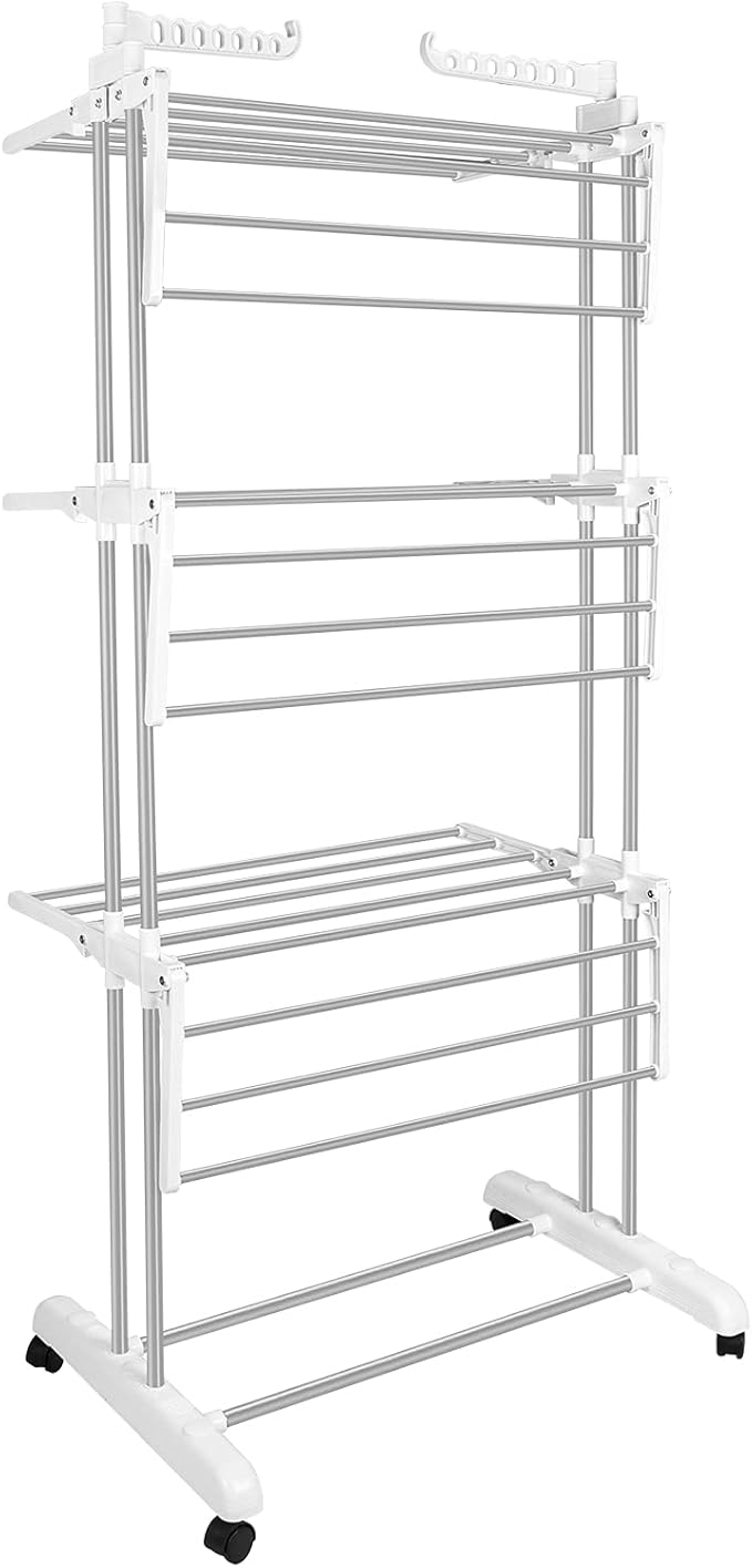 Bigzzia Clothes Drying Rack, Folding Stainless Steel Drying Rack Clothing Indoor Outdoor, Space-Saving, 4 Tier Laundry Drying Rack with Two Side Wings -Grey White-Ruum Studio Home