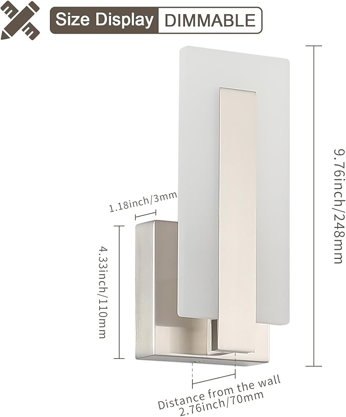 Joosenhouse LED Wall Sconce Set of 2, Hardwired Dimmable Wall Mounted Lights, Indoor Wall Lights for Hallway, Bedroom, Study, Living Room, 9.76 Inch Brushed Nickel Wall Sconce Lighting-Ruum Studio Home