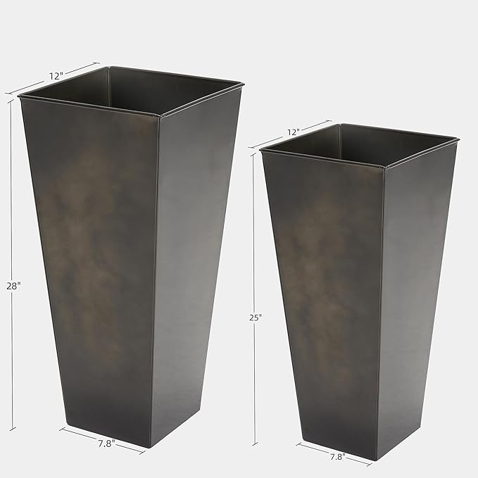 KOL 25'' & 28'' Tall Glazed Planter with Saucer, Set of 2, Galvanized Steel Planter Metal Pots for Indoor & Outdoor Use, Decorative Flower Plant Pots with Drainage Hole for Porch, Patio, Deck - Black-Ruum Studio Home
