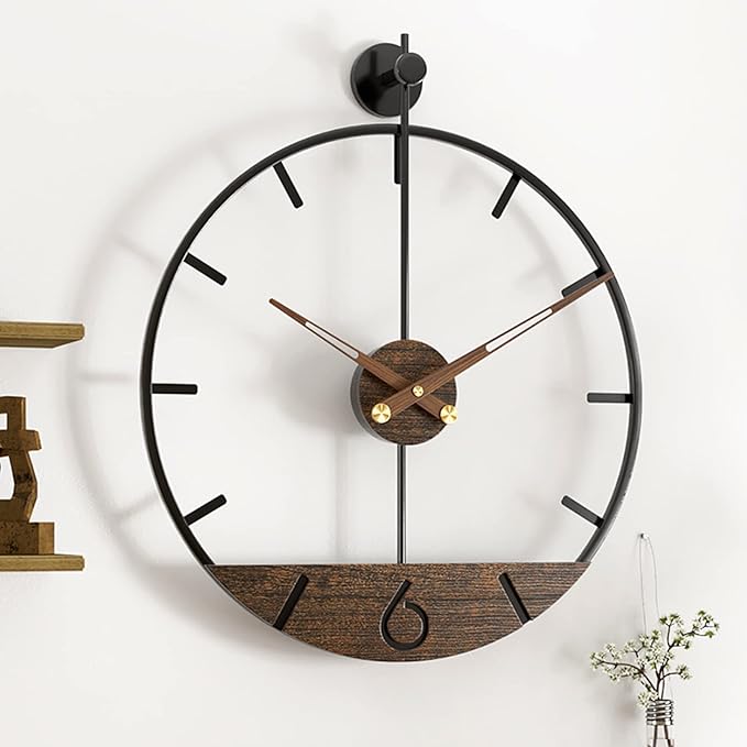 Modern Wood Walnut Dial Wall Clock, Large Simple Wall Decor Metal Frame Silent Non Ticking Clock for Living Room Decor, Kitchen, Bedroom, Study Decoration, Handmade Home Gift Idea, 22.5 in-Ruum Studio Home