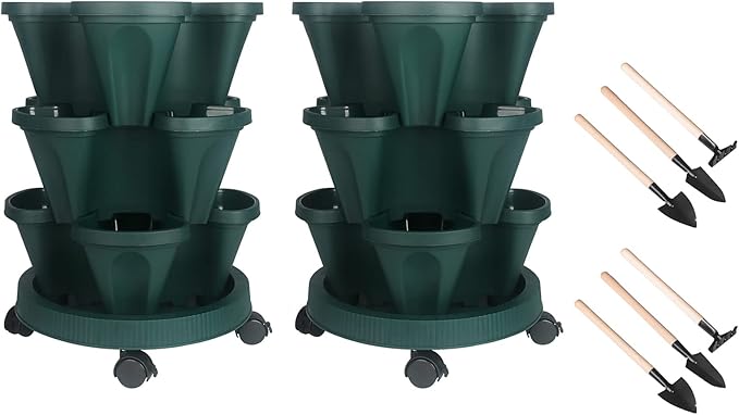 Vertical Planter 3 Tier Stackable Planters Garden Planters Strawberry Herb Flower and Vegetable Planter Indoor Outdoor Gardening Pots with Removable Wheels and Tools 2-Pack-Ruum Studio Home