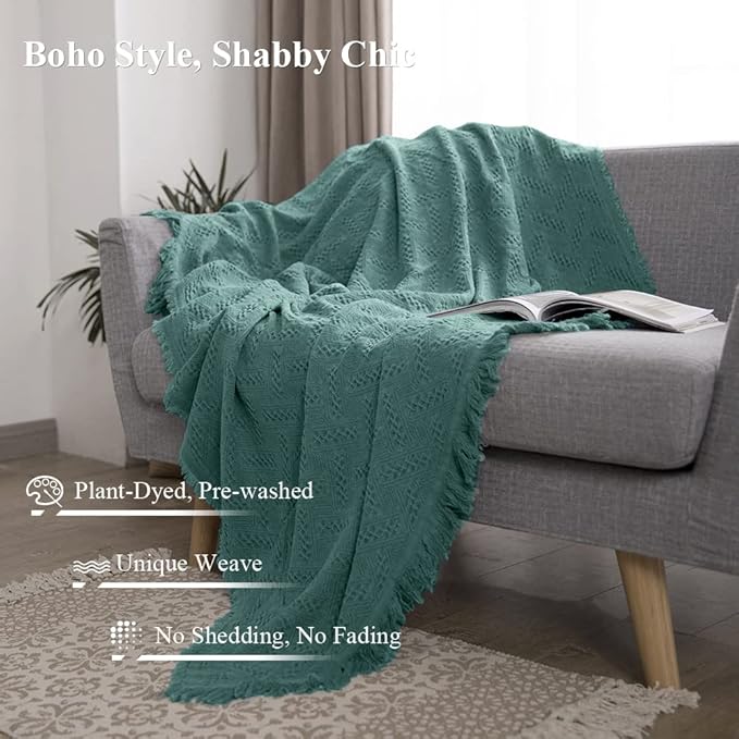 Simple&Opulence 100% Cotton Throw Blanket for Bed, Couch, Boho Luxury Geometric Knit Woven Blanket with Tassels Soft Lightweight Cozy Breathable, Vintage Farmhouse Decoration for All-Season(Green)-Ruum Studio Home