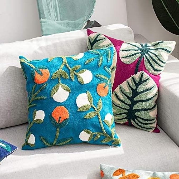 MOCOFO Canvas Embroidered Throw Pillow Cover with Flower Spring Embroidery Craft Modern Simple Sofa Office Pillow Pillow Case (Flower, 18x18’’)-Ruum Studio Home