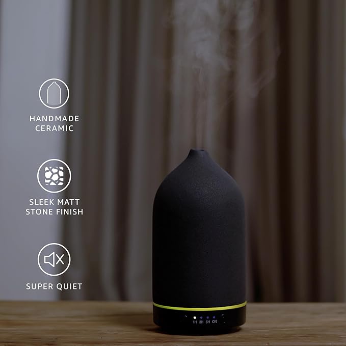 200ML Ceramic Essential Oil Diffuser - Ultrasonic Aromatherapy & Humidifier with 7-Color LED Lights, Auto Shut-Off, Black, 1H/3H/6H Timer | Scent for Home, Office, Yoga-Ruum Studio Home