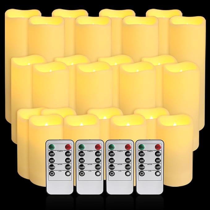 Set of 24 Waterproof Outdoor Flameless Candles,Realistic LED Candles with 4 Remote and Timer,(H 4" 5" 6" x D 2.2"),for Halloween Wedding Festival Decor.-Ruum Studio Home