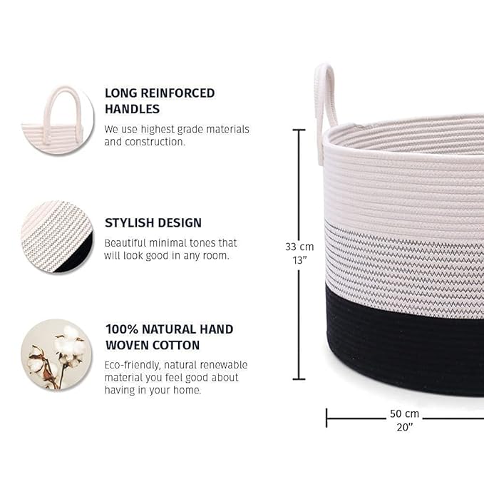 OrganiHaus Woven Laundry Basket, Large Cotton Rope Blanket Holder with Handles, Soft & Sturdy Nursery Hamper, Decorative Toy Bin for Living Room Organization 20x13 inches - Off-White/Black-Ruum Studio Home