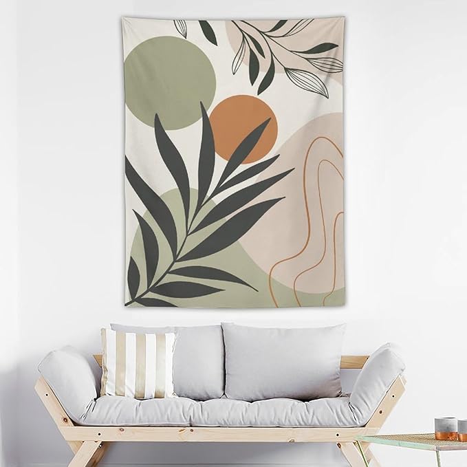 Abstract Bohemian Mid Century Tapestry, Tropical Leaves Modern Geometric Archway Minimalist Bohemian Botanical Aesthetic Wall Hanging, Sage Green Gold Home Decor Art for Bedroom 60x80 Inch-Ruum Studio Home