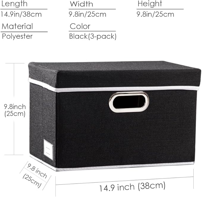 PRANDOM Foldable Storage Bin with Lid [5-Pack] Linen Fabric Decorative Storage Box Organizer Container Basket Cube with Handles Divider for Closet Office Living Room Black(14.9x9.8x9.8)-Ruum Studio Home