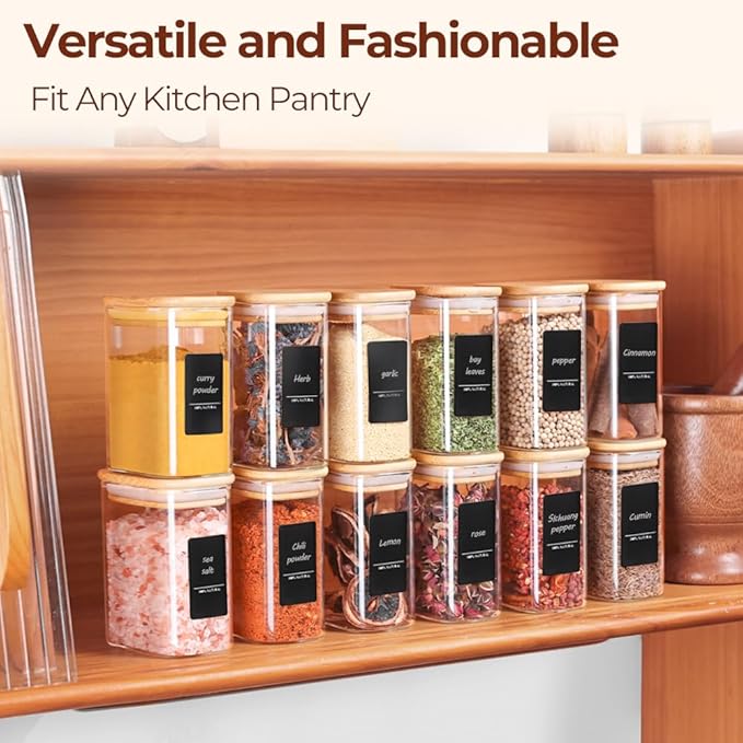 Comsaf Spice Jars with Label，8 oz Small Glass Jars with Lids, 6 Pcs Seasoning Containers, Rectangle Glass Containers with Lids, Empty Seasoning Jars for Pantry Storage, Loose Tea, Herbs, Powders, Salt-Ruum Studio Home