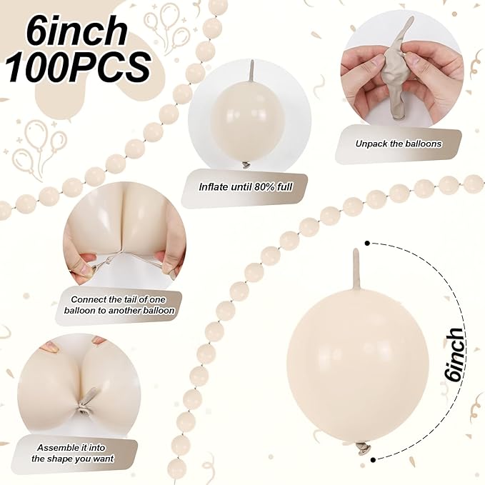 White Sand Linking Balloons, 100PCS 6 Inch Small Ivory Quick Link Balloons for Making Balloon Wall Heart Arch, Tails Balloon for Wedding Birthday Baby Shower Engagement Graduation Party Decorations-Ruum Studio Home