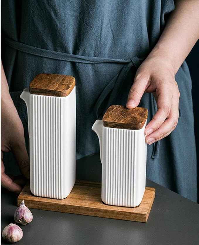 Ceramic Tabletop Liquid Condiment Dispenser, Modern Design for Oil or Vinegar, White-Ruum Studio Home