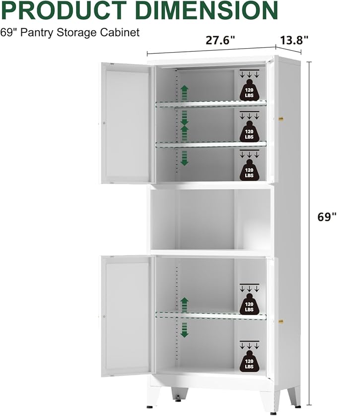 69" Tall Kitchen Pantry Cabinet, Metal Storage Cabinet with 4 Doors and Adjustbale Shelves, Freestanding Cupboards for Dining Room, Living Room, Bathroom-Ruum Studio Home