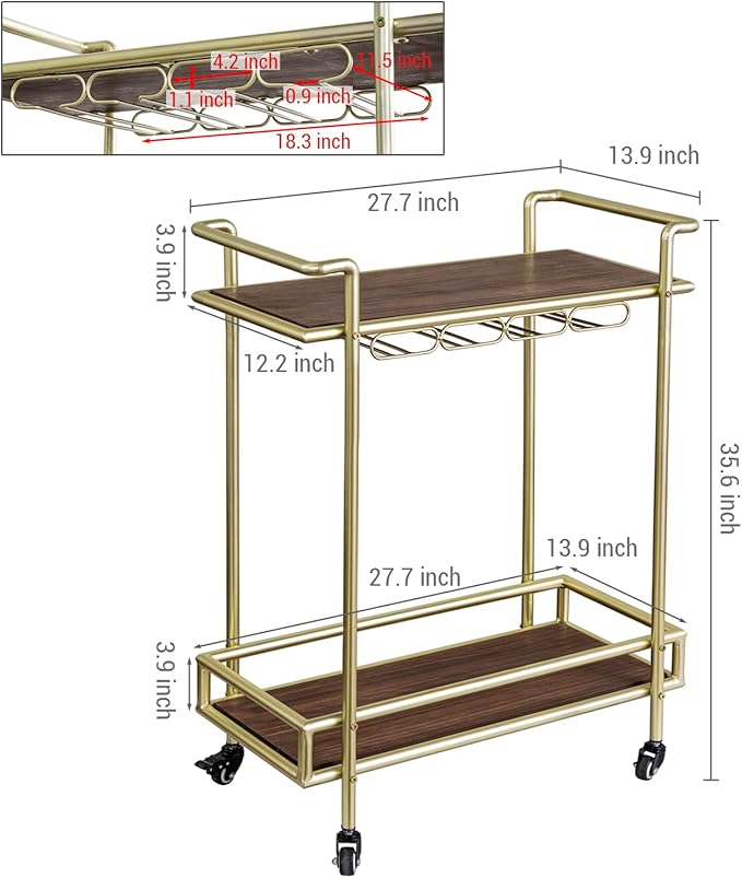 MyGift 2 Tier Rolling Bar Cart, Vintage Brass Tone Metal Cocktail and Wine Trolley with Burnt Wood Shelf Trays, Wine Glass Stemware Holder Rack and Lockable Wheels-Ruum Studio Home