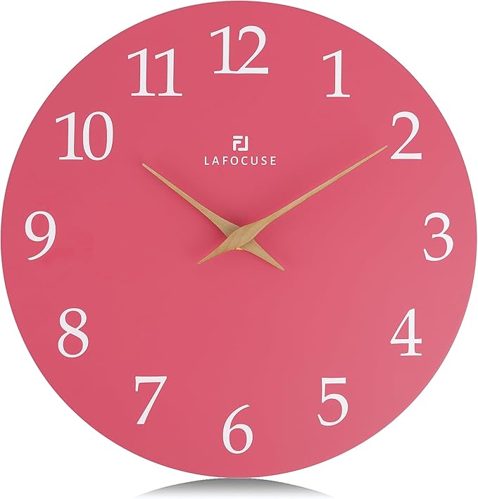 Lafocuse 12 Inch Silent Pink Wall Clock Battery Operated for Living Room Decor, Simple Minimalist Wooden Kids Pink Clock for Girls Bedroom Office-Ruum Studio Home