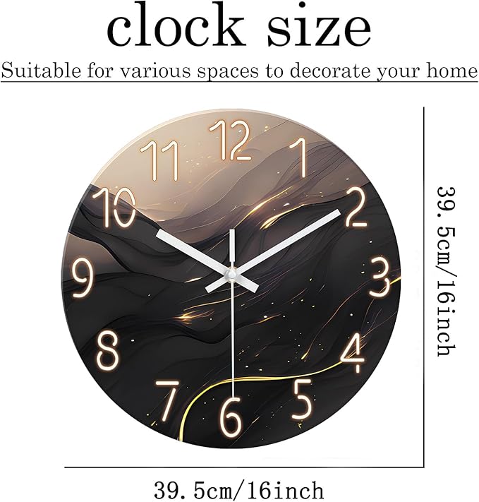 Large Wall Clocks Battery Operated 16 Inch Marble Glass Wall Clock for Living Room Black and Glod Wall Clock Silent Non Ticking-Ruum Studio Home