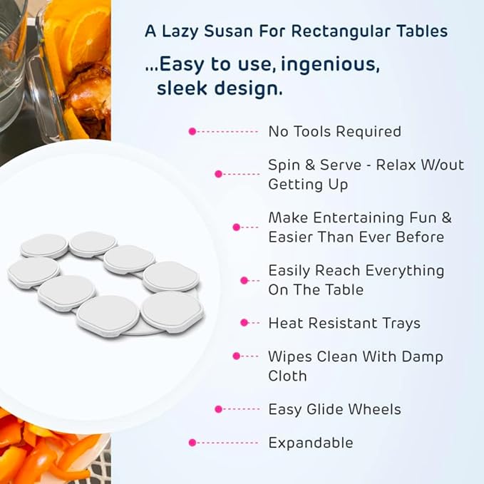 Full Set - White - The First Patented Lazy Susan Turntable Expandable for Rectangular & Oblong Tables - Kitchen & Dining Tables - Great Gift! Parties & Gatherings.-Ruum Studio Home
