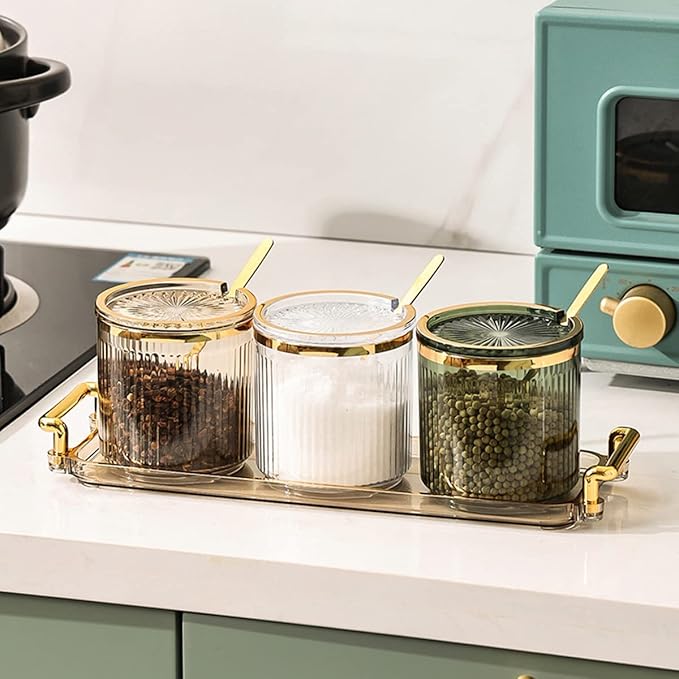 Acrylic Condiment Spice Jars and Box with Lids, Spoons, Tray - 3 Pack, Clear Plastic Canisters, Seasoning Box Set for Salt, Paprika, Sugar - Kitchen Storage-Ruum Studio Home