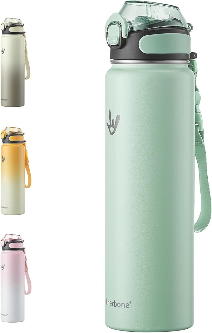 Enerbone 32 oz Insulated Water Bottle, Stainless Steel Bottle with Carrying Strap, Double-Wall Vacuum Insulation Design, Leakproof Sports Bottle with Straw, Keep Drinks Cold or Hot for Hours-Ruum Studio Home
