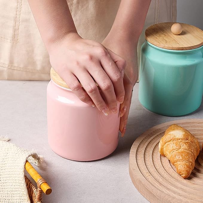 Sweejar Ceramic Kitchen Canisters, 28 FLOZ Porcelain Food Storage Jar with Airtight Seal Wooden Lid, Home Container Serving for Coffee Beans, Tea-leave, Sugar, Salt and More, Tool Bucket (Pink)-Ruum Studio Home